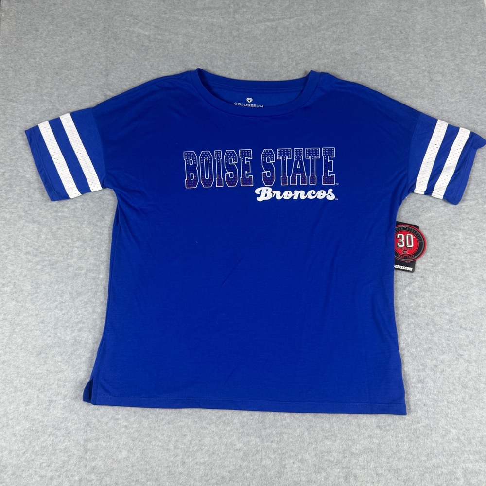 Colosseum Boise State Broncos T-Shirt Womens Medium Blue Studded Mesh Sleeve NEW